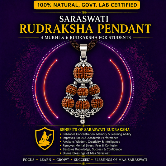 Saraswati Pendant with 4 Mukhi and 6 Mukhi Rudraksha beads for students.