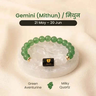 Gemini (Mithun Rashi) Zodiac Bracelet – Natural Green Aventurine & Milky Quartz