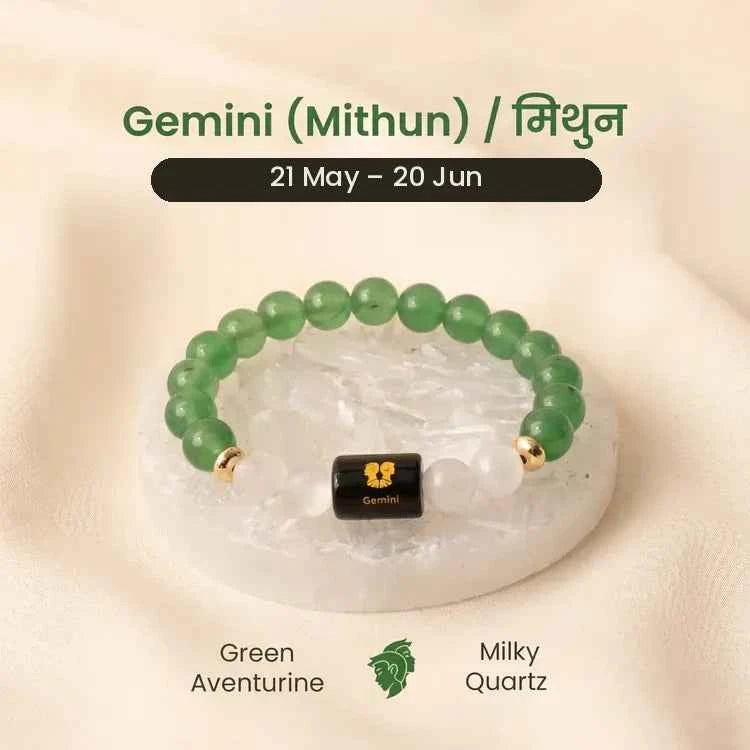Gemini (Mithun Rashi) Zodiac Bracelet – Natural Green Aventurine & Milky Quartz