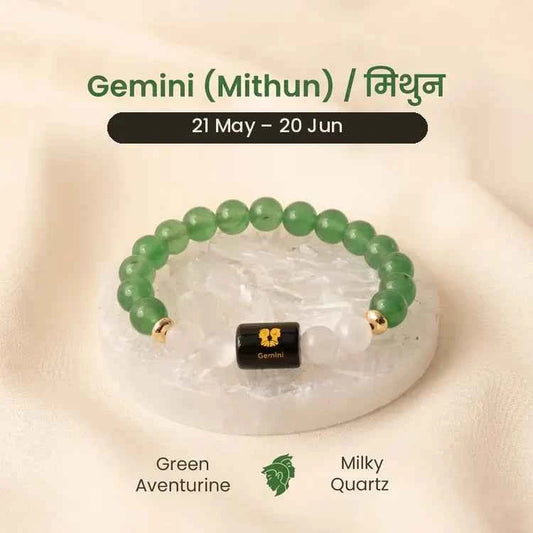 Gemini (Mithun Rashi) Zodiac Bracelet – Natural Green Aventurine & Milky Quartz
