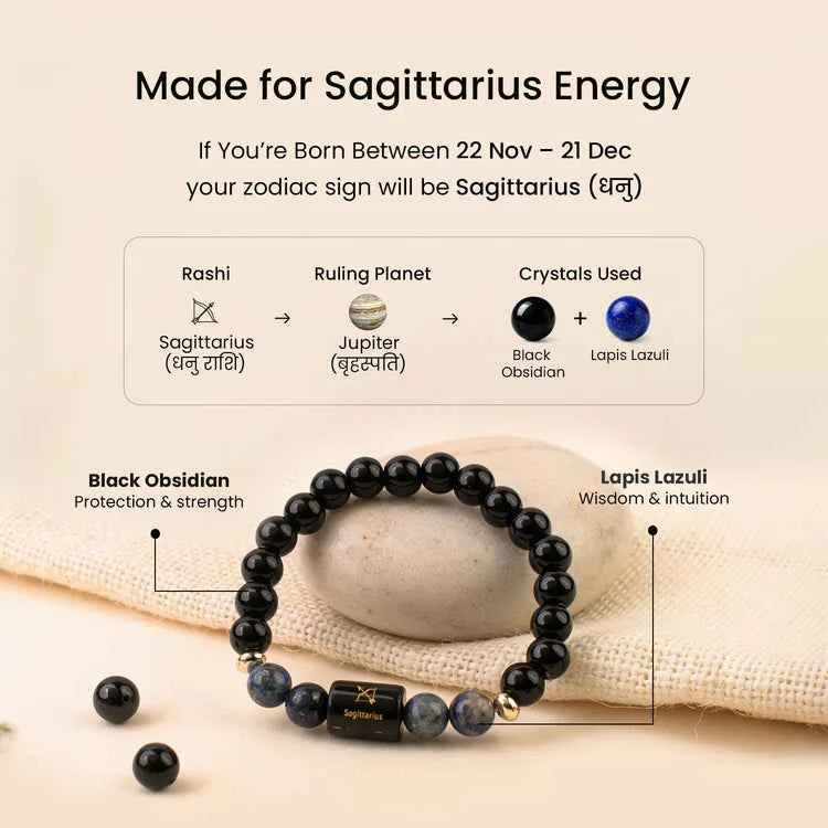 Sagittarius (Dhanu Rashi) Zodiac Bracelet – Natural Black Obsidian & Lapis Lazuli