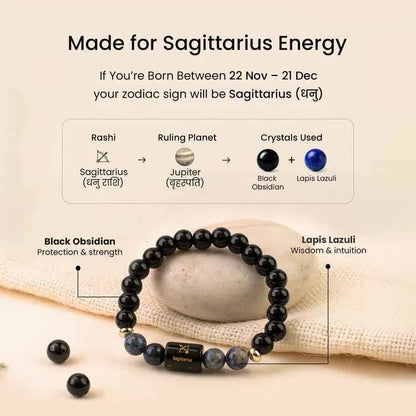 Sagittarius (Dhanu Rashi) Zodiac Bracelet – Natural Black Obsidian & Lapis Lazuli