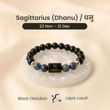 Sagittarius (Dhanu Rashi) Zodiac Bracelet – Natural Black Obsidian & Lapis Lazuli