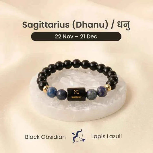 Sagittarius (Dhanu Rashi) Zodiac Bracelet – Natural Black Obsidian & Lapis Lazuli