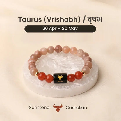 Taurus (Vrishabha Rashi) Zodiac Bracelet – Natural Sunstone & Carnelian