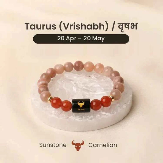 Taurus (Vrishabha Rashi) Zodiac Bracelet – Natural Sunstone & Carnelian