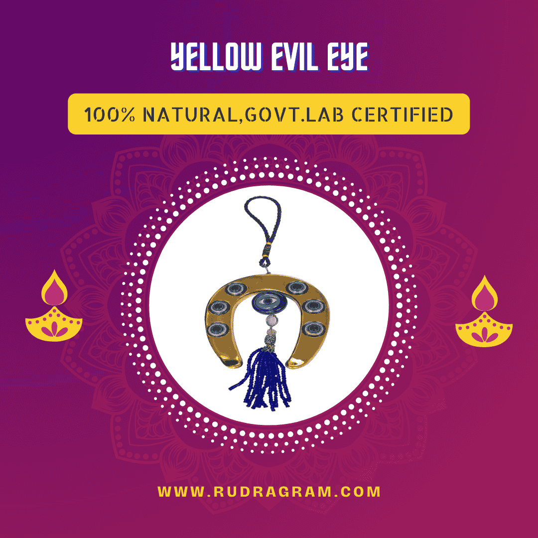 Yellow Evil Eye Feng Shui Horse Shoe Amulet With a Third Eye