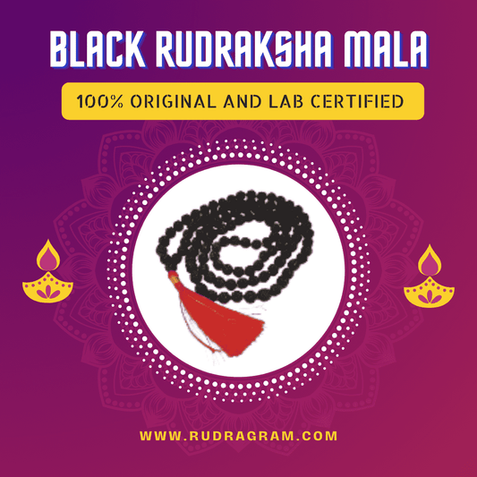 Black Rudraksha Mala with Red Tassel, 100% original and lab certified from RudraGram