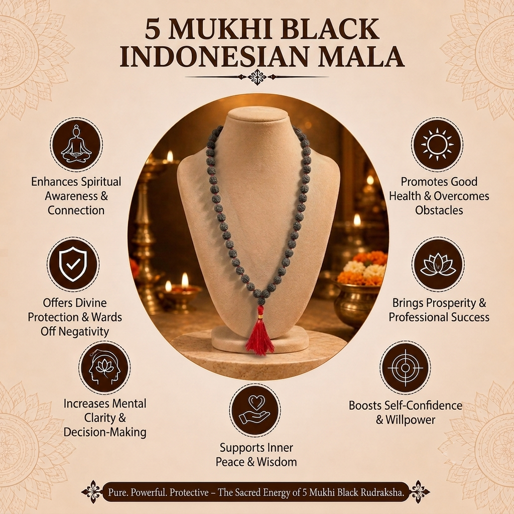 5 Mukhi Indonesian Black Rudraksha Mala for Protection & Peace