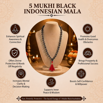 5 Mukhi Indonesian Black Rudraksha Mala for Protection & Peace