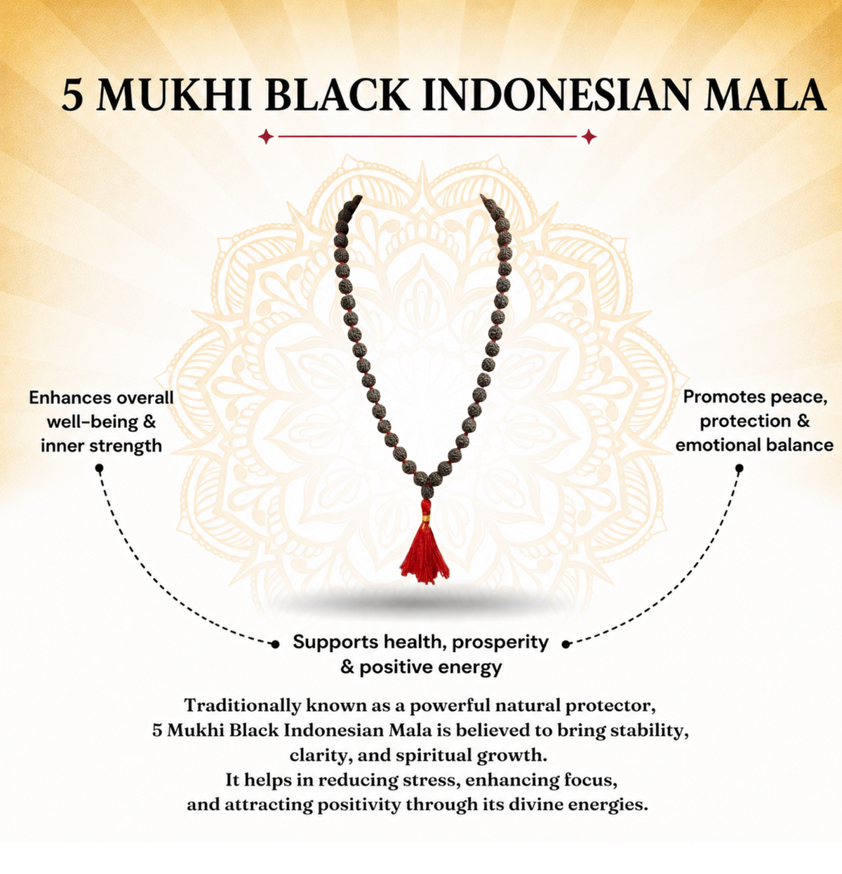 5 Mukhi Indonesian Black Rudraksha Mala for Protection & Peace