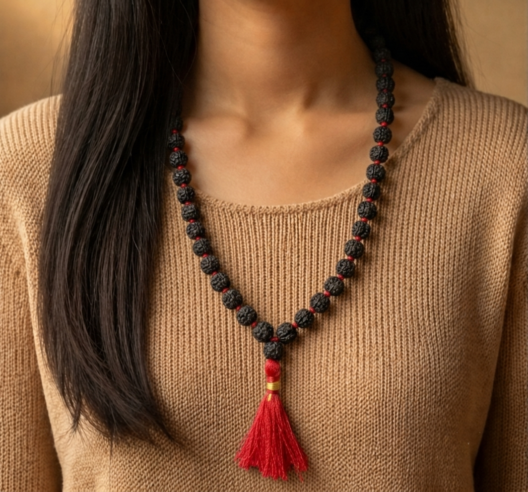 5 Mukhi Indonesian Black Rudraksha Mala for Protection & Peace