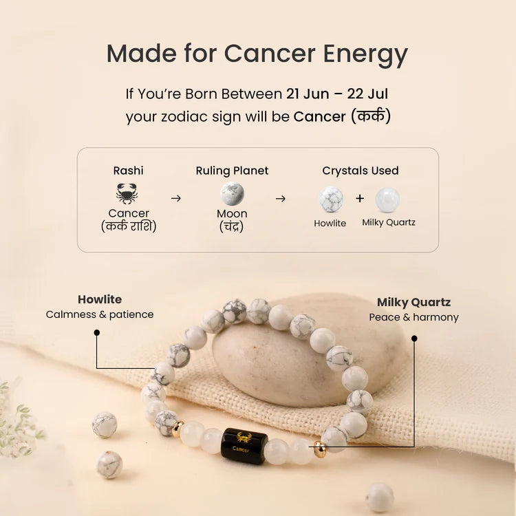 Cancer (Karka Rashi) Zodiac Bracelet – Natural Howlite & Milky Quartz