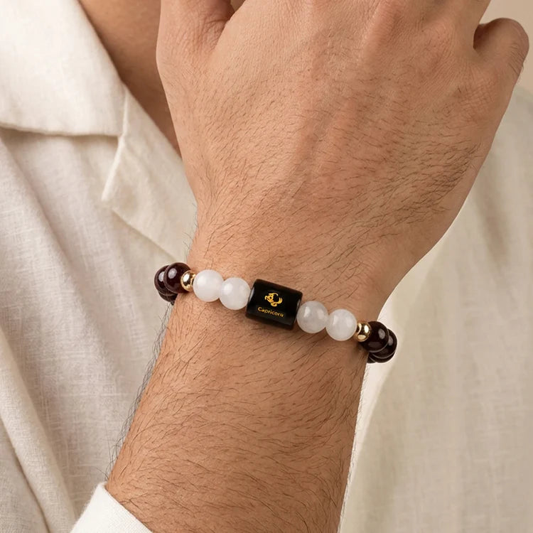 Capricorn (Makar Rashi) Zodiac Bracelet – Natural Garnet & Milky Quartz