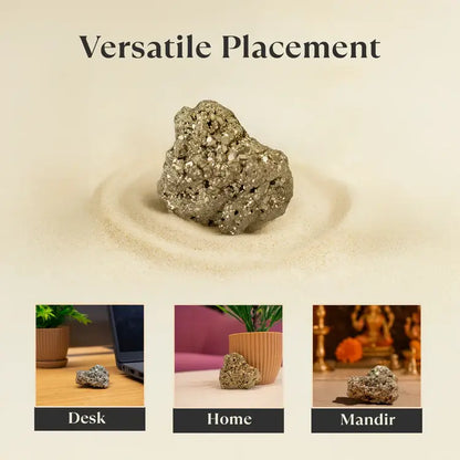 Certified pyrite gemstone displayed in versatile placements on desk, home, and mandir