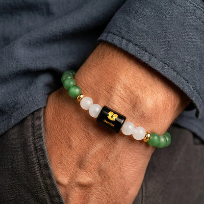 Gemini (Mithun Rashi) Zodiac Bracelet – Natural Green Aventurine & Milky Quartz