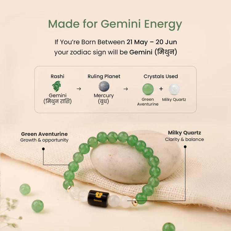 Gemini (Mithun Rashi) Zodiac Bracelet – Natural Green Aventurine & Milky Quartz