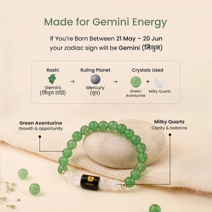 Gemini (Mithun Rashi) Zodiac Bracelet – Natural Green Aventurine & Milky Quartz