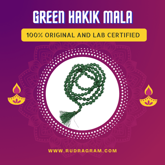 Green Hakik Mala with smooth beads and tassel, 100% original and lab certified from RudraGram