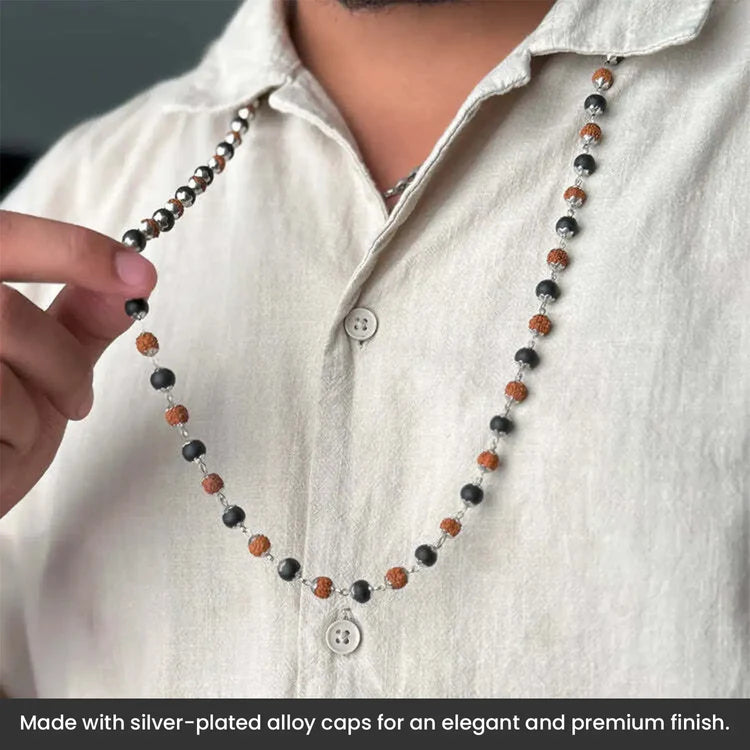 सिल्वर कैपिंग के साथ रुद्राक्ष और करुंगली माला