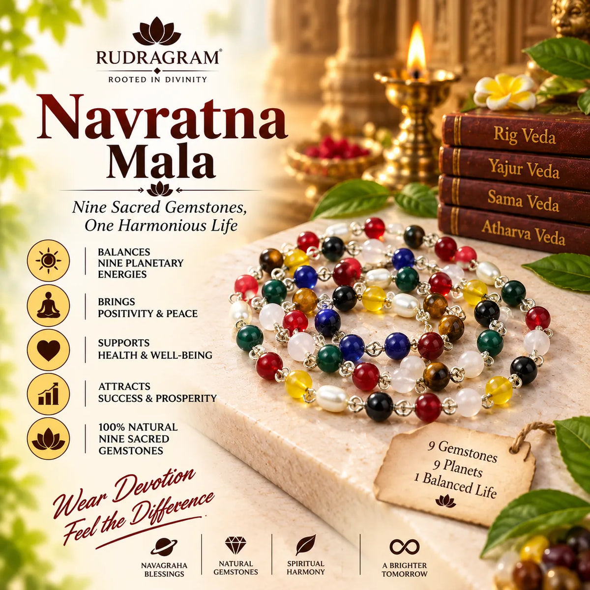 Navratna Mala – Nine Sacred Gemstones, 100% Natural