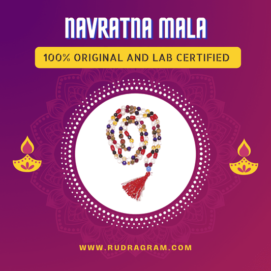 Original Navratna Mala with colorful beads and a tassel for spiritual and ritualistic purposes