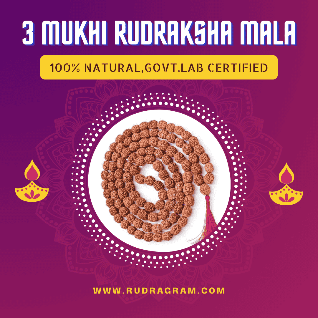 3 Mukhi Rudraksha Mala on a purple background, showcasing its natural beads and tassel, certified by the government.