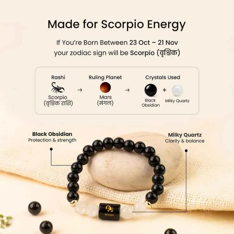 Scorpio (Vrishchik Rashi) Zodiac Bracelet – Natural Black Obsidian & Milky Quartz