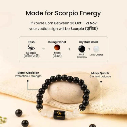 Scorpio (Vrishchik Rashi) Zodiac Bracelet – Natural Black Obsidian & Milky Quartz