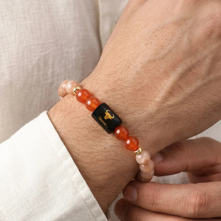 Taurus (Vrishabha Rashi) Zodiac Bracelet – Natural Sunstone & Carnelian