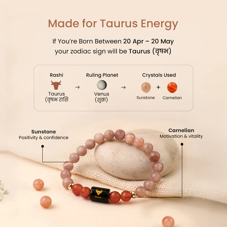 Taurus (Vrishabha Rashi) Zodiac Bracelet – Natural Sunstone & Carnelian