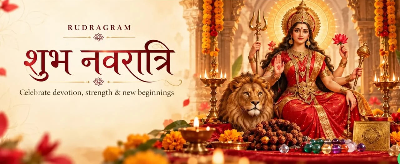 Shubh Navratri from RudraGram - Maa Durga with her lion, Rudraksha beads, gemstones and a sacred yantra